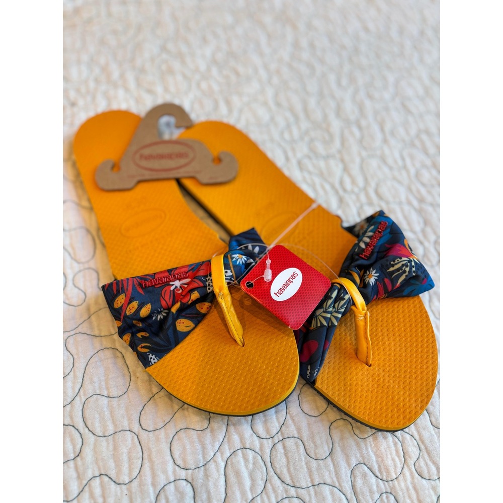 Havaianans Women's Yellow Tropical‎ Floral Bow Flip Flop Sandals 9/10